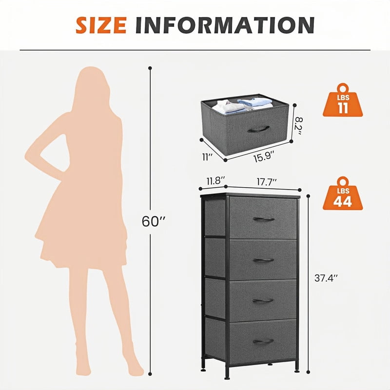 Kelno 4 Drawers Fabric Dresser Tall Chest of Drawers with Steel Frame Wood Top, Gray