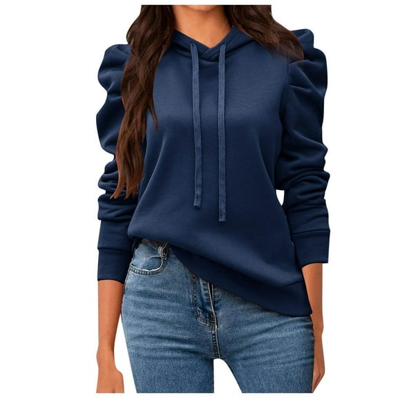 HJYCHN Women's Casual Drawstring Hoodie with Puff Long Sleeve Solid Color Pullover Loose Fit for Fall Fashion and Comfortable Wear Dark Blue XXL