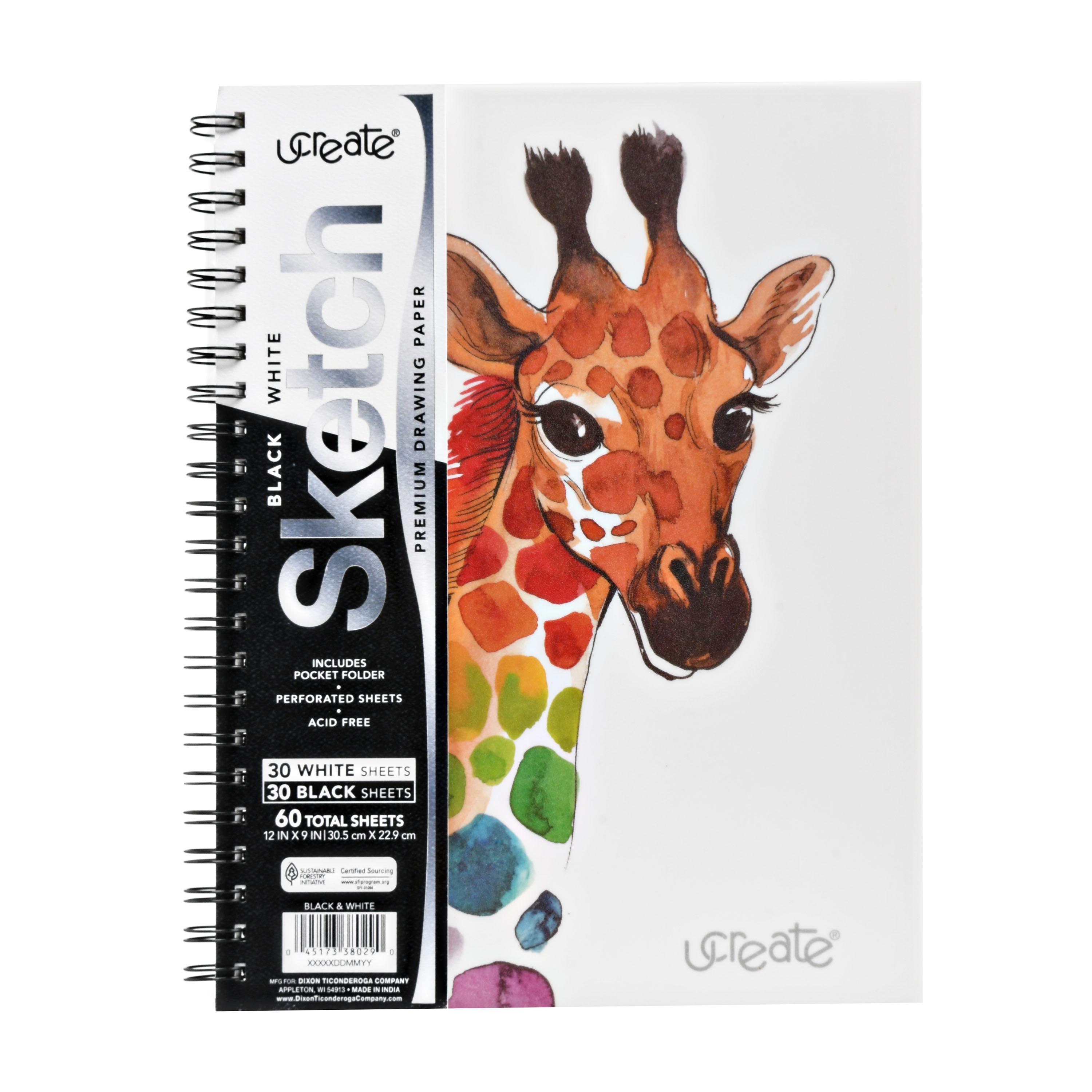 UCreate Black and White Sketchbook, 12' x 9' Drawing Notebook, 60 Sheets