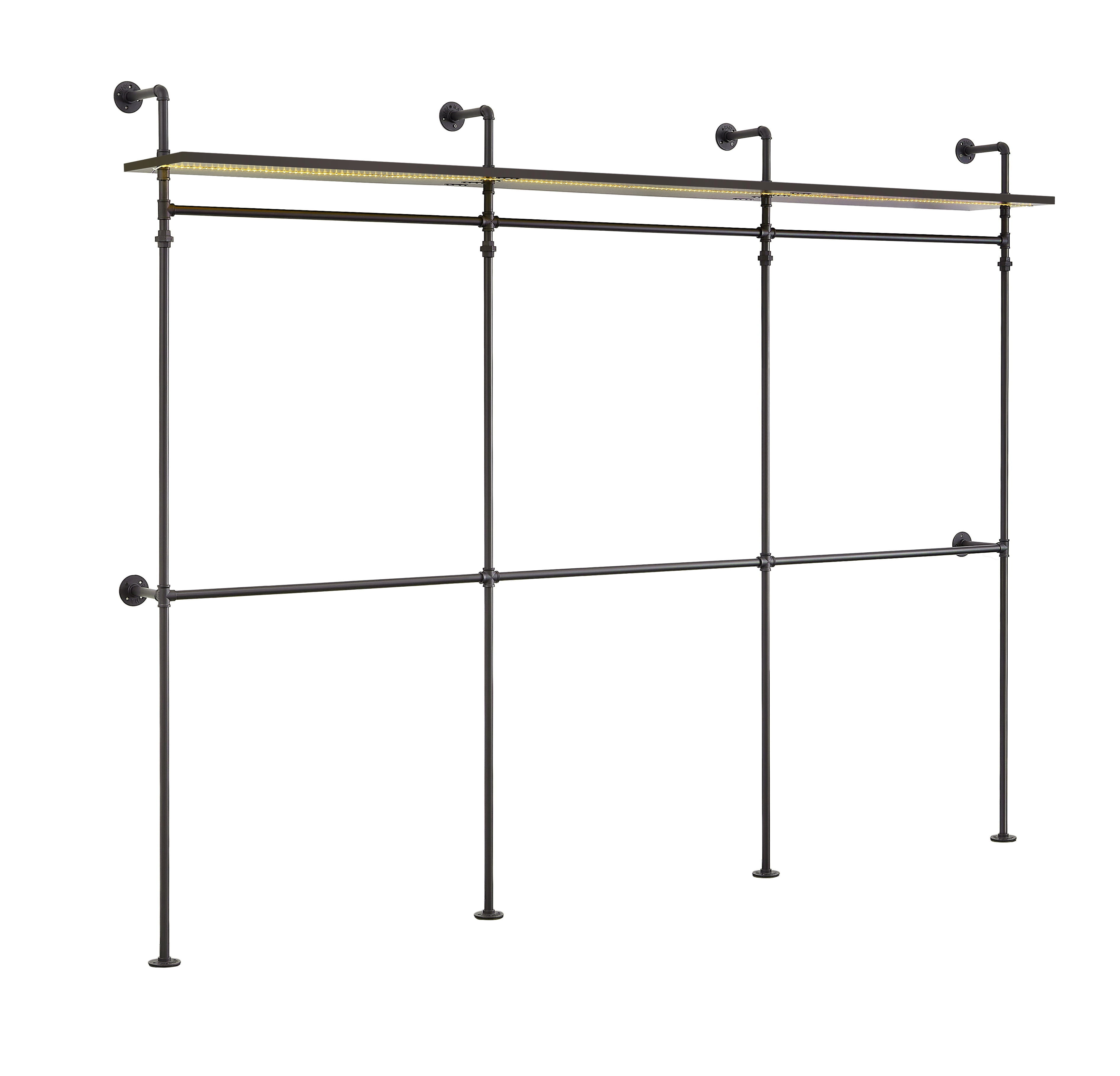 Industrial Pipe Clothing Rack, Reversible 118.3'' Clothes Rack for Hanging Clothes, Heavy Duty Garment Rack Closet Wardrobe Rack with LED Lights & Shelves, Walk-in Closet System, Black (Three)