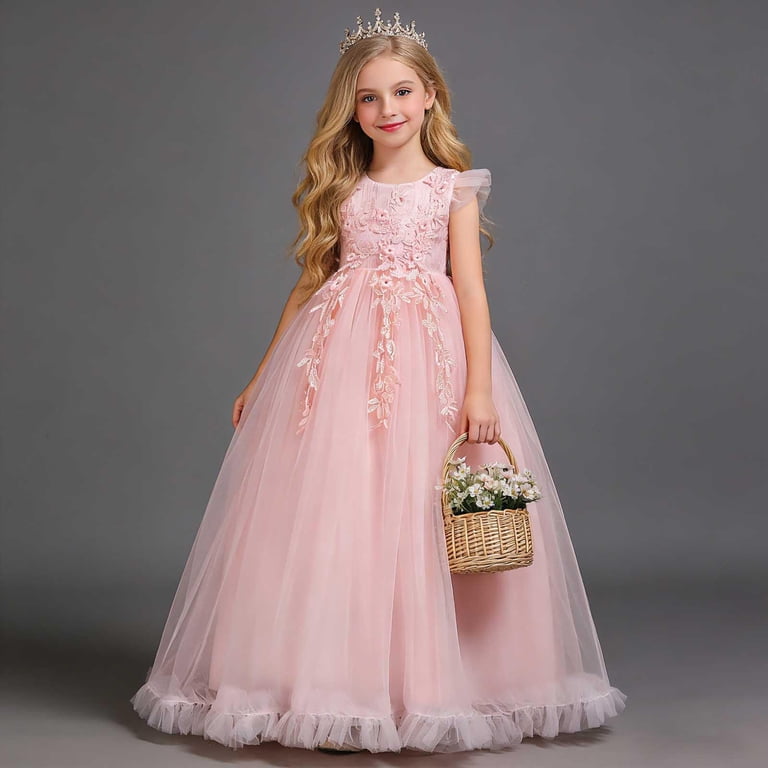 Atoguta Formal Dresses for Teens Pink Sleeveless Tulle Long Formal Wedding Pageant Party Fancy Princess Ball Gown Dresses 5t-15, Girl's, Size: 14