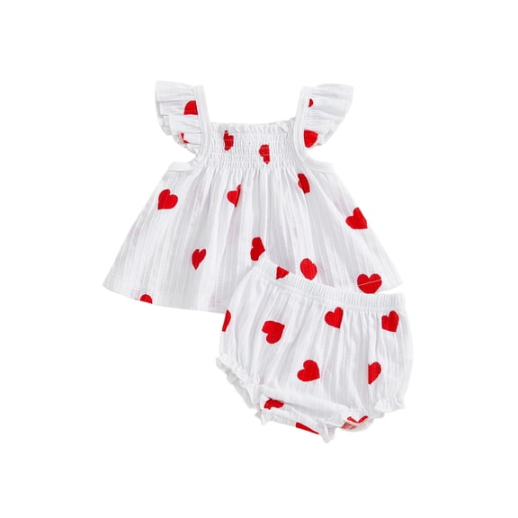 Gzhioc Infant Baby Girls Valentine's Day Outfits 3 6 12 18 24 Months Heart Print Flying Sleeve Smocked Tops and Ruffled Shorts Summer 2 Piece Set