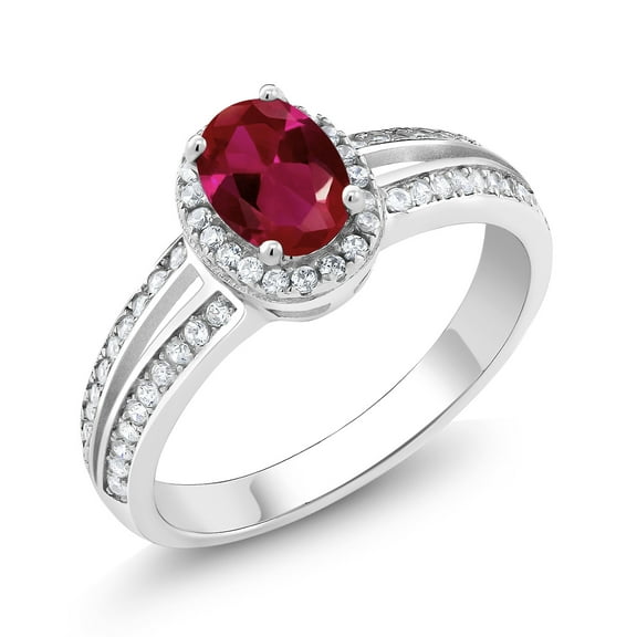 Gem Stone King 925 Sterling Silver Red Created Ruby Ring for Women (1.10 Cttw, Oval 7X5MM, Available in Size 5, 6, 7, 8, 9)