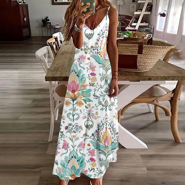Ovzne Robes pour Femmes Robe Femme Robes d'Été pour Femmes Imprimé Sans Manches Col Rond Robe Décontractée Robes Robe d'Été Imprimée Liquidation