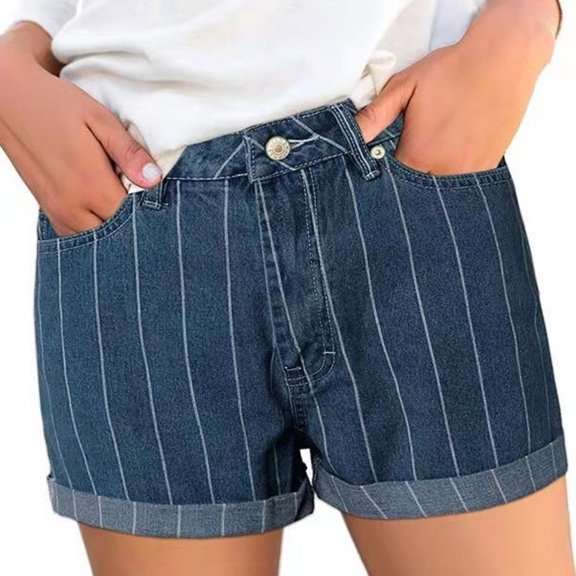 Women's Denim Jean Shorts Striped Denim Shorts for Women Classic Fitting Button Jeans Shirts Rolled Cuffs, Vintage Casual Summer Bottoms Dark Blue M
