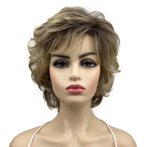 Lydell Short Curly Wavy Wig with Hair Bangs Synthetic Fashion Ombre Blonde Brown Hair Wigs for Women