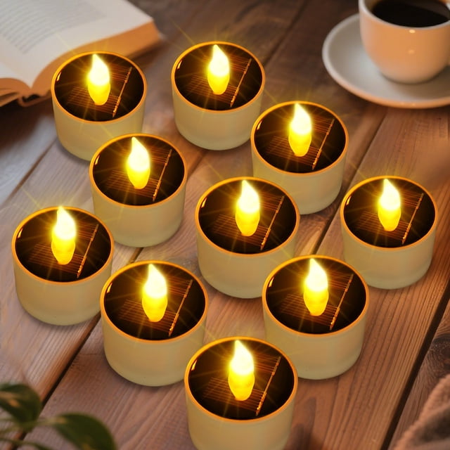 Solar Tea Lights Outdoor - 10 Pack Waterproof Rechargeable Dusk to Dawn Outdoor Lighting Flameless Flicker Reusable LED Solar Candles for L