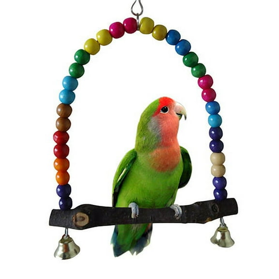 SPRING PARK Wooden Bird Parrot Swing, Birds Perch Hanging Swings Cage with Colorful Beads, Hammock Swing Toy Bird Supplies for Small and Medium Bird