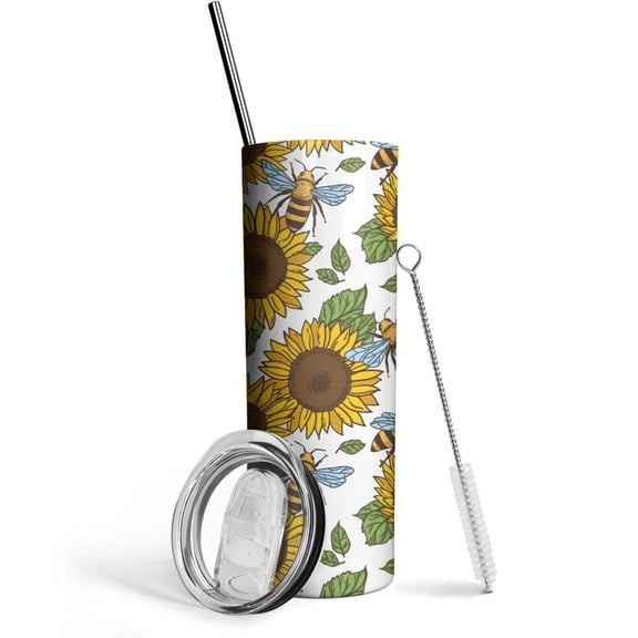 Sunflower Tumbler 20 Oz Travel Coffee Mug Sunflower Print Skinny Tumblers with Lid and Straw Stainless Steel Insulated Coffee Cups Gift for Sunflower Lover