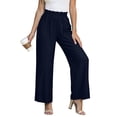 thumbnail image 3 of Women Cotton Linen Pants Smocked High Waisted Lightweight Comfy Wide Leg Dressy Casual Trousers with Pockets (S, Navy), 3 of 8
