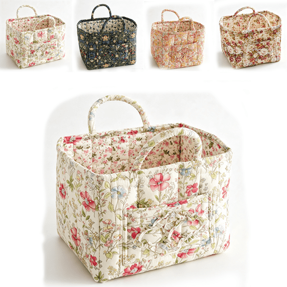 Quilted Car Storage Basket, Collapsible Fabric Bin with Handles for Home & Office, 12.9"L x 10.6"W x 10.23"H
