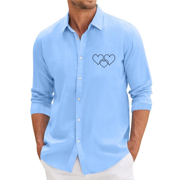 Fgvctg Valentine's Day Shirts for Men Long Sleeve Button Down Cotton Shirts Collared Soft Blouse Date Day Love Heart Print Plus Size Business Casual Outfits Light Blue 2XL