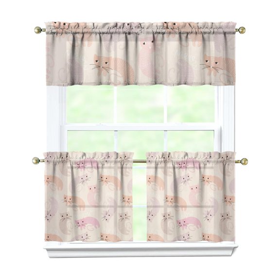 Kitchen Curtains 24 Inch Short - 3 Panel Set with Cute Cat Paw Pattern, Rod Pocket Window Curtain, 100% Polyester for Pet Lovers Farmhouse, Cafe, Kitchen, Bedroom, Easy Wash