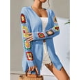 thumbnail image 2 of 2025 Boho Floral Pattern Crochet Open Front Long Sleeve Casual Knit Cardigan Sweater  Blue M, 2 of 7