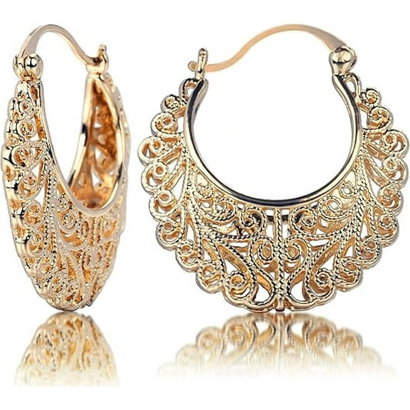 Filigree Earrings,XILAZAB Vintage Filigree Hoop Earrings Oval Hollowed Gold Plated Dangle Earrings Click-Top Boho Yellow Fashion Earrings for Women