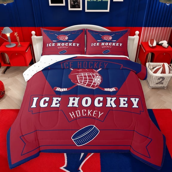 Homewish Ice Hockey Lovers Bedding Comforter Set,Ball Sport Twin Comforter Sets,Blue Red Bedding Set For Teens,Breathable Home Decor Reversible,2pcs