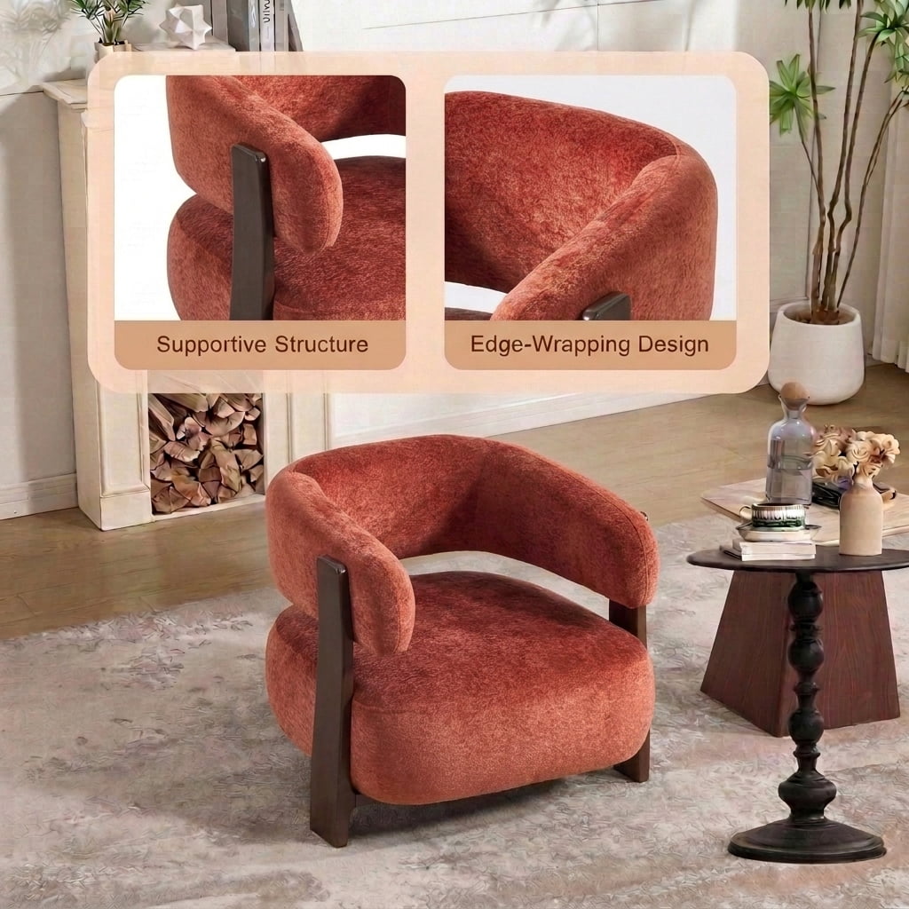 MOONMISS Boucle Accent Chair with Solid Wood Frame, Curved Arm Barrel Chair for Living Room, Bedroom & Office,Red
