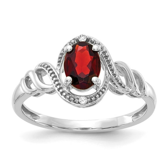 10K White Gold Ring Band with Stones (01) January Garnet Oval Red Diamond Round