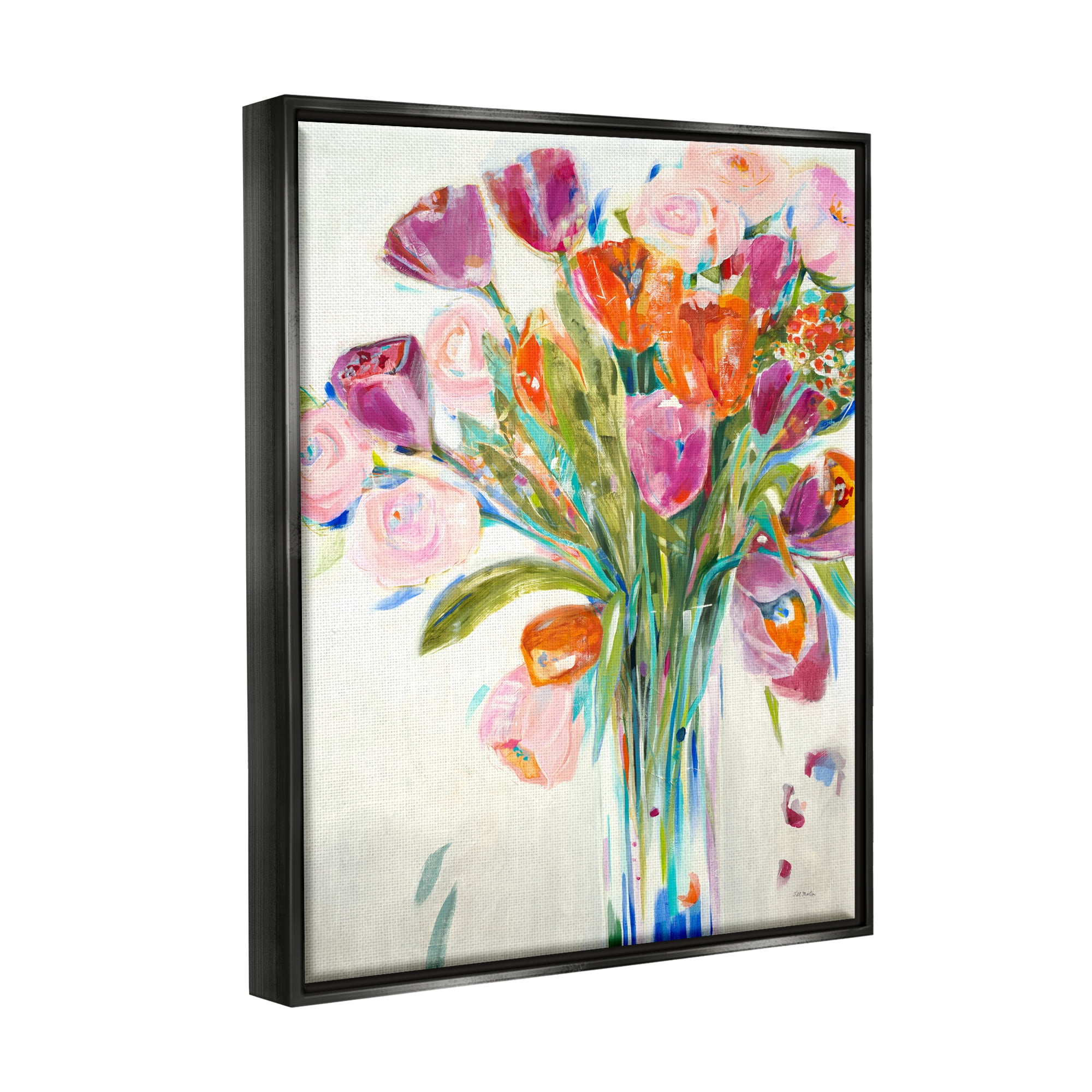 Stupell Industries Rose and Tulip Bouquet Spring Flower Expression Jet Black Framed Floating Canvas Wall Art, 24x30, by Third and Wall