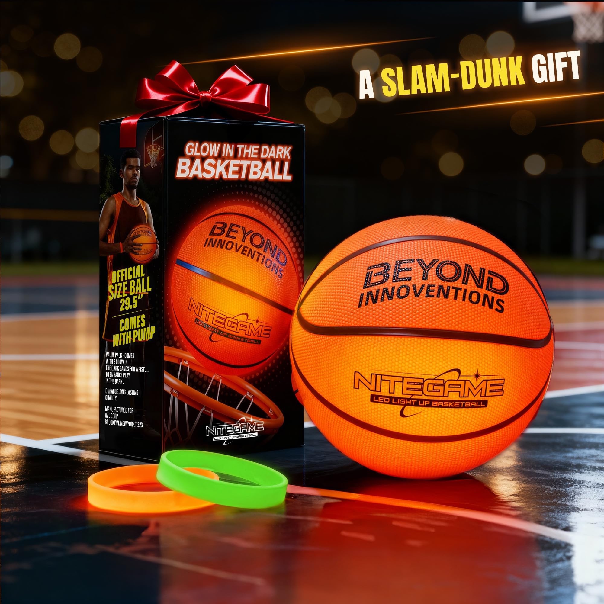 BEYOND INNOVENTIONS Glow in the Dark Basketball with 2x Light Up Bands, Official Size 7