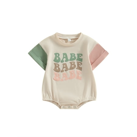 

Baby Boys Girls Summer Casual Romper Short Sleeve O Neck Letter Print Contrast Color Playsuit