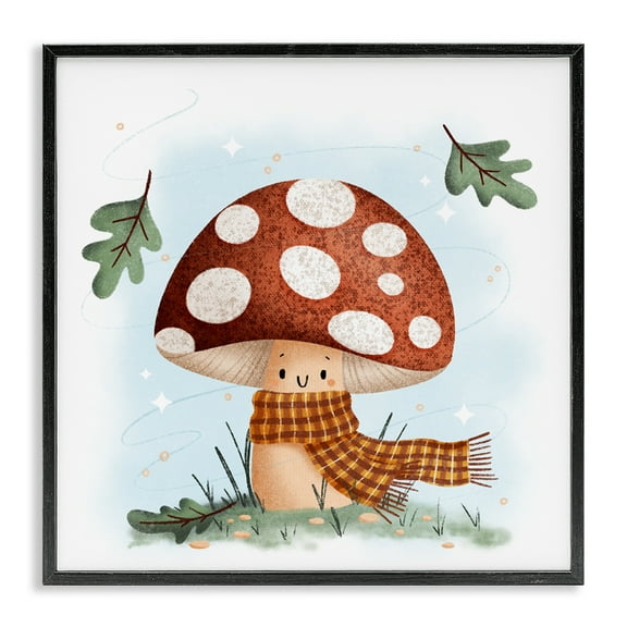 Stupell Industries Happy Mushroom in Scarf Floral Painting Black Framed Art Print Wall Art, 12 x 12