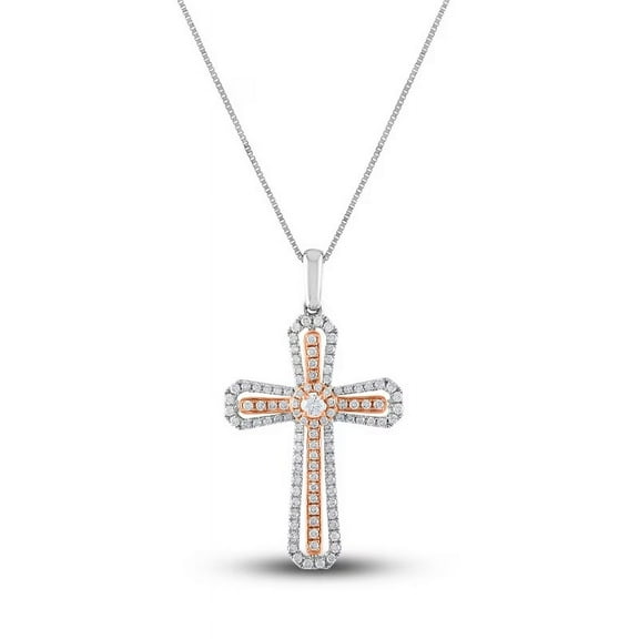 1.00 Ct Beautiful Round Shape Real Diamond Double Tone Cross Charm Necklace for Women 14K White Gold With 18 inches chain