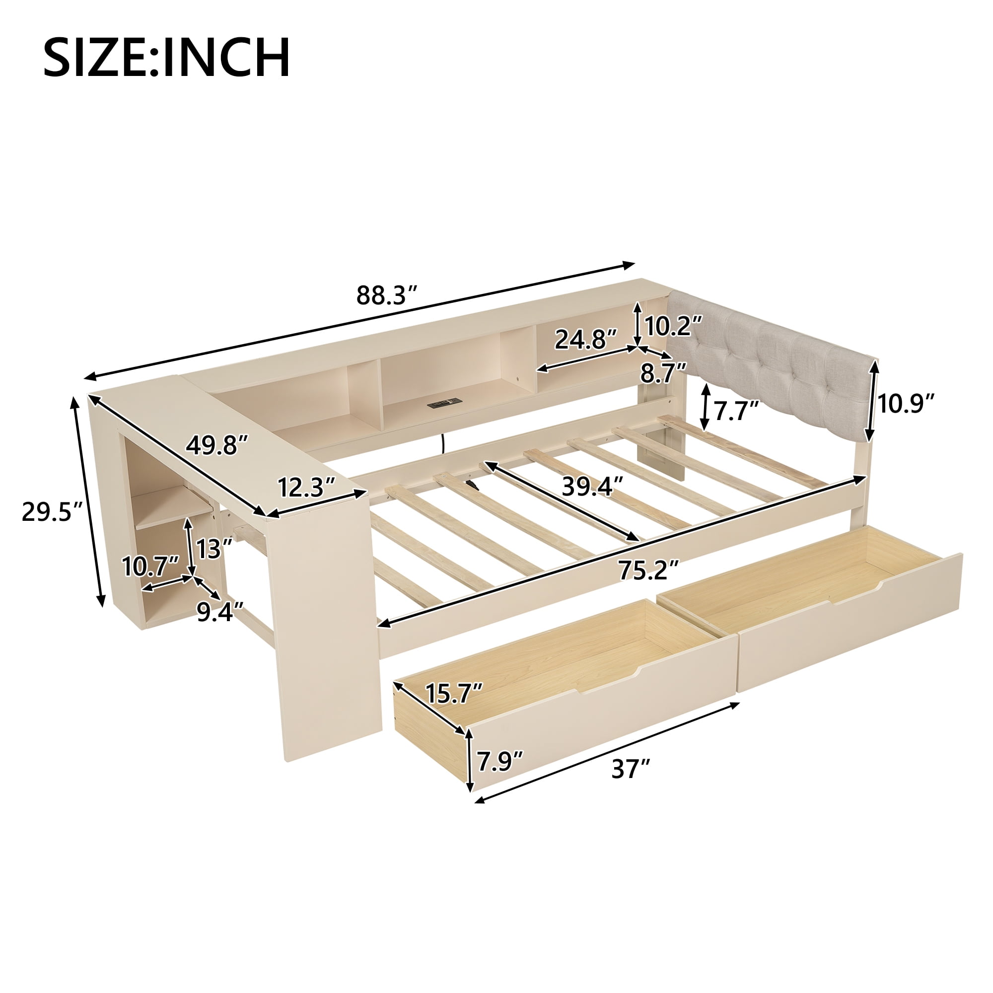 MAYEERTY Wood Twin Size Platform Bed with Storage Shelves, Drawers, Charging Station and Upholstered Headboard, Cream