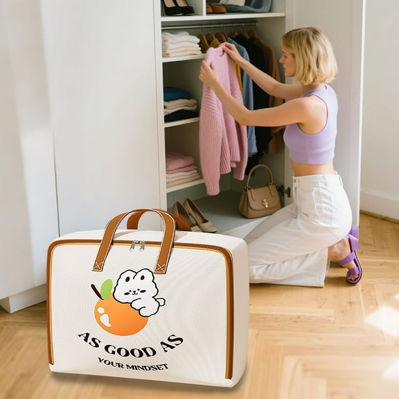 WKSCLPAI 90 Quart Heavy Duty Storage Bag with Reinforced Carrying Handles, Oversized Clothing Quilt Moving Packing Bag, Cute Orange with Rabbit Pattern Travel Storage Bag, M