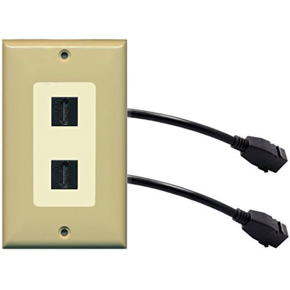 RiteAV (1 Gang Decorative 2 HDMI Black Wall Plate w/Pigtail Extension Cable Ivory (Lt. Almond Insert)