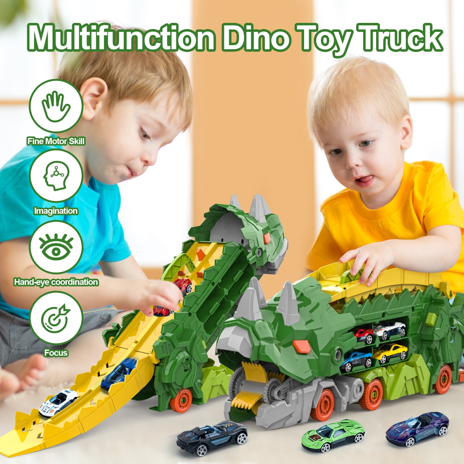 Toddler Dinosaur Truck Toy for 2 Year Old Boy, Toys Cars Set with Race Track Ultimate Transporter Hauler Dinosaur Transporter Truck with 8 Die-Cast Car Toys Gifts for Kids Ages 2 3 4 5 6 Years Old