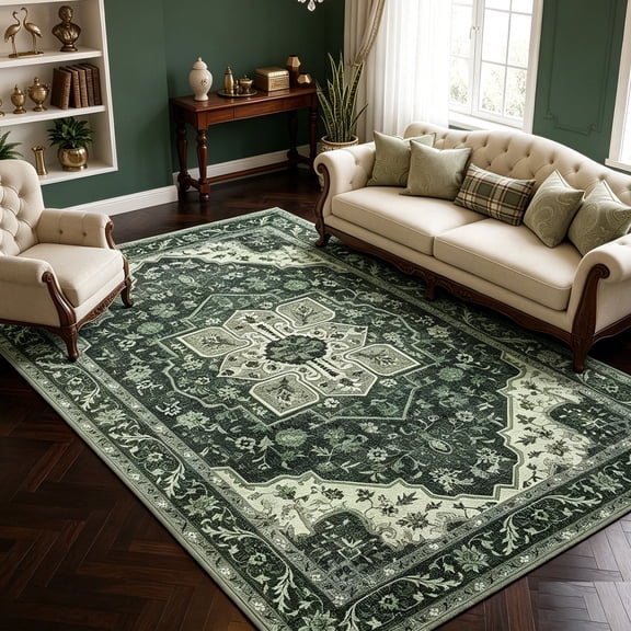 WANLISELL 6' x 9' Area Rugs for Living Room, Non-Slip Washable Rug with Non-Slip Backing, Non-Shedding Vintage Soft Indoor Carpet, Dark Green