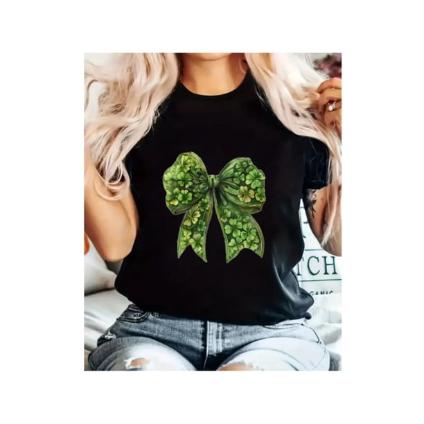 Camiseta De Manga Corta Con Cuello Redondo Para Mujer, Camisetas De Verano Para Uso Diario Y ViajesWomen's St. Patrick's Day Lucky Clover Graphic T-Shirt - Casual Crew Neck Short Sleeve Top, Polyest