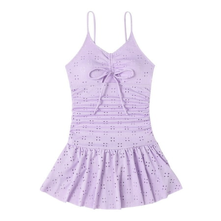 UTSJKR Women s One Piece Swimsuit Cut Out Drawstring Ruched Ruffle Trim Monokini Sexy Camisole Swimdress Purple M