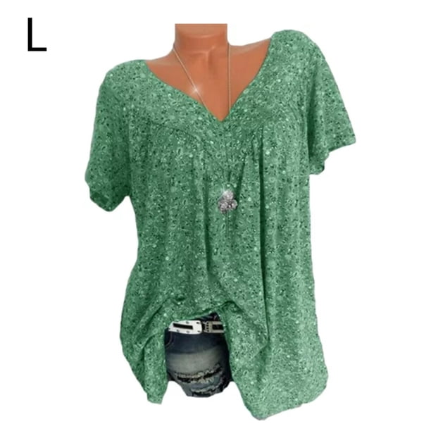Camiseta de mujer con cuello en V, manga corta, camiseta de verano informal estampada, verde, L sidaley AP001653-11