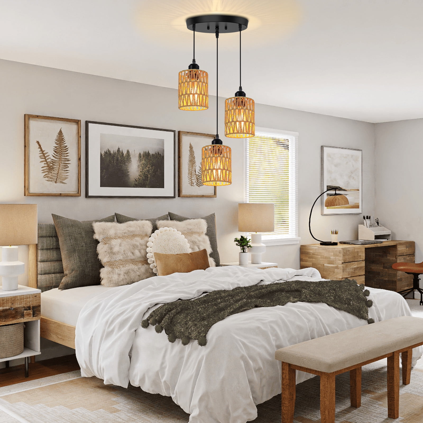DONGPAI Rattan Farmhouse Pendant Lights for Kitchen Island, Boho Hand-Woven Lamp Shade Kitchen Hanging Lights Ceiling Light Fixture for Kitchen, Dining Room, Foyer & Entryway