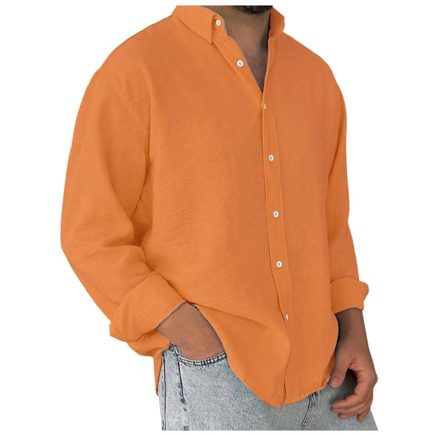 Camisa lavada de manga larga con botones para hombre: color liso, poliéster, cómoda y holgada para todas las ocasiones