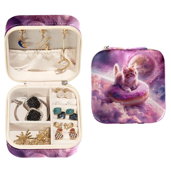 PhooArto Small Jewellery Box, Cat Pink Donuts Galaxy Portable Travel Mini Jewelry Case for Women Leather Ring Organizer