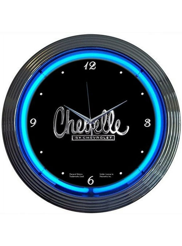 Chevrolet Chevy Chevelle Genuine Electric Neon 15 Inch Wall Clock Glass Face Chrome Finish USA Warranty
