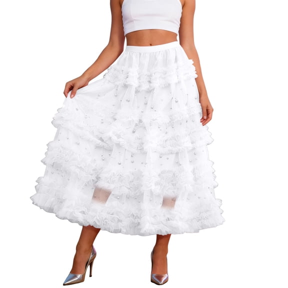 QHFBli Womens Long Maxi Tulle Skirts A Line Ruffle High Waisted Tiered Layered Mesh Tutu Skirt Petticoat