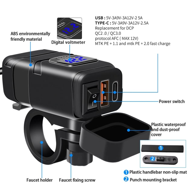 Motorcycle USB C , Dual Fast Charging, SAE Interface Quick Installation, 30W PD 18W QC 3.0 Ports, with Voltmeter ON Off Switch for Phone Tablet