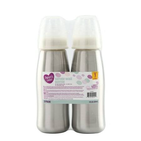Parent's Choice 2 pack Stainless Steel 9oz Standard Neck Baby Bottle, Ages 0+ Months