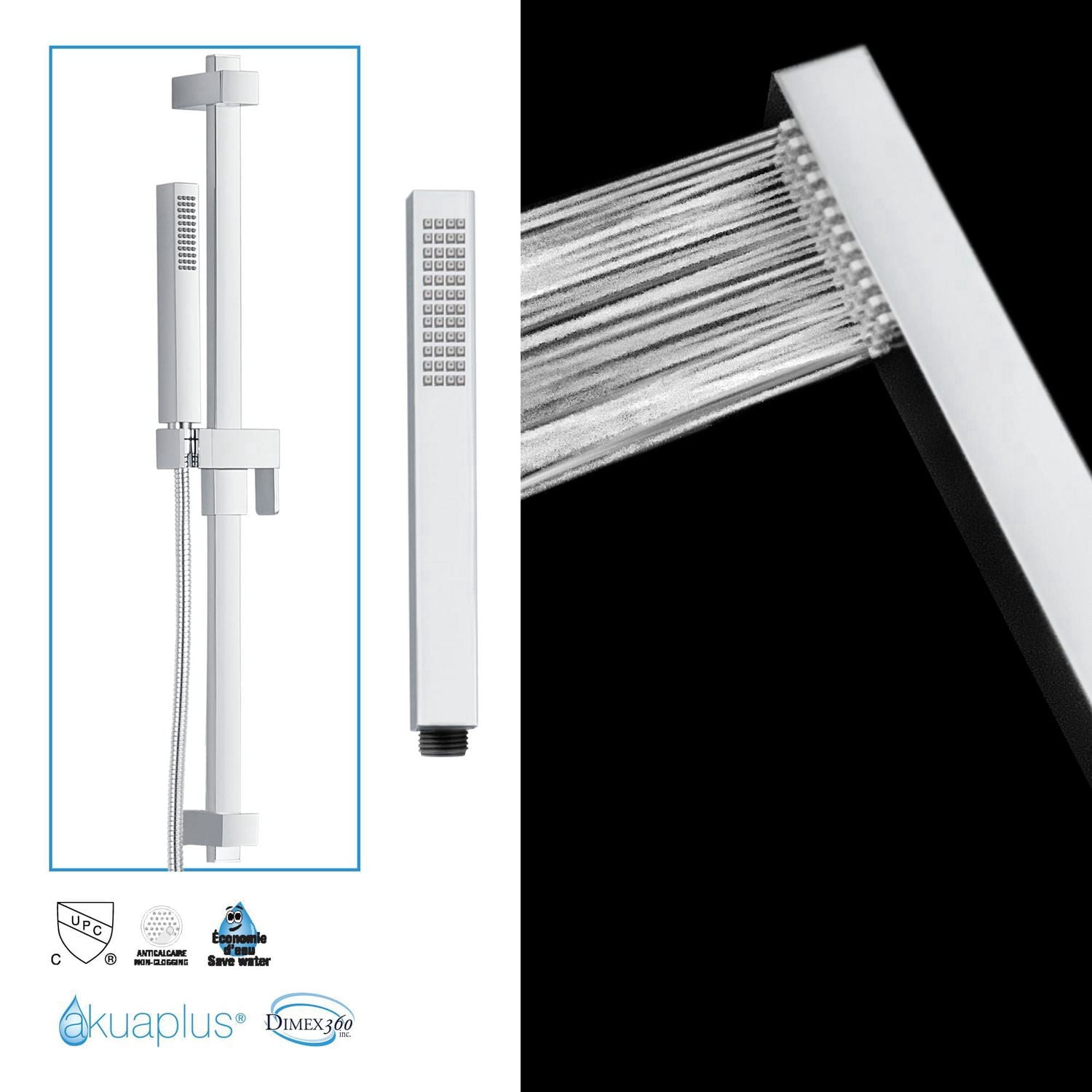 Ensemble de douche thermostatique d'akuaplus(MD) avec Déviateur 4 voies et avec arrêt,  2 douchettes, 2 barre de douche murals, fini chrome