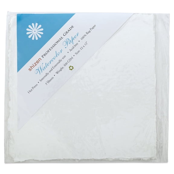 Shizen Professional Watercolor Paper - 12" x 12", Hot Press, Pkg of 5 Sheets