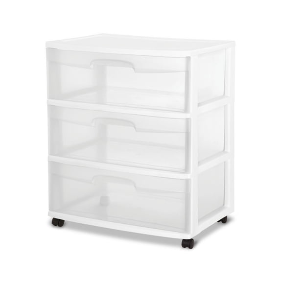 Sterilite Wide 3 Drawer Plastic Rolling Cart Container with Casters, 2 Pack