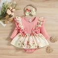 thumbnail image 3 of MANHUJI 9 Month Baby Girl Clothes Infant Girls Ruffles Long Sleeve Ribbed Floral Prints Bowknot Romper Newborn Bodysuits Dress Headbands Set Neutral Baby Clothes Baby Bodysuit (Pink,100), 3 of 6