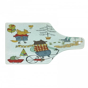Animal Cutting Board, Bear on Bicycle Fox in Raincoat and Bunny with a Teapot Urban Forest Characters, Decorative Tempered Glass Cutting and Serving Board, Wine Bottle Shape, Multicolor, by Ambesonne