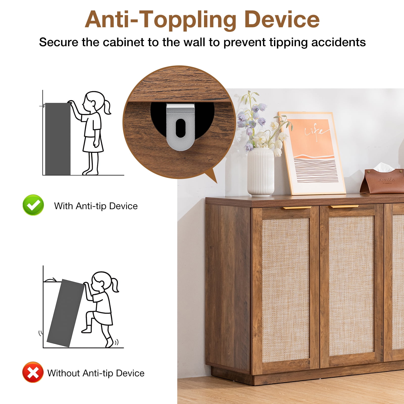 Hommpa Storage Sideboard Rattan Sideboard Buffet Cabinet with Adjustable Shelves 4-Doors Kitchen Storage Cabinet for Dining Room, Living Room,Bedroom, Hallway, Brown
