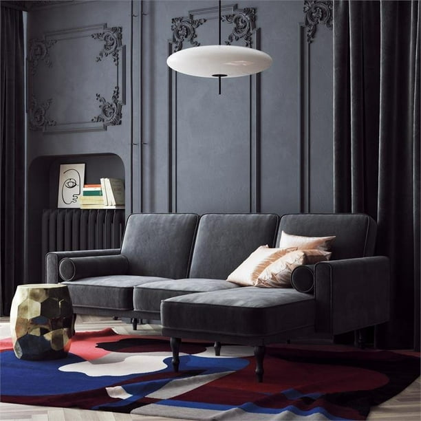 Pemberly Row Velvet Small Space Sectional Futon in Gray ...