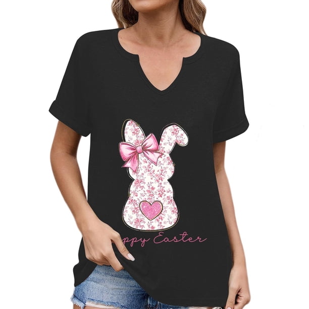 Corto para las Mujeres Casual Verano 2025 Pascua Impresión V-Cuello Camiseta, Ligero 95% Poliéster 5% Spandex Top para Toda la Temporada Hogar Y Diario